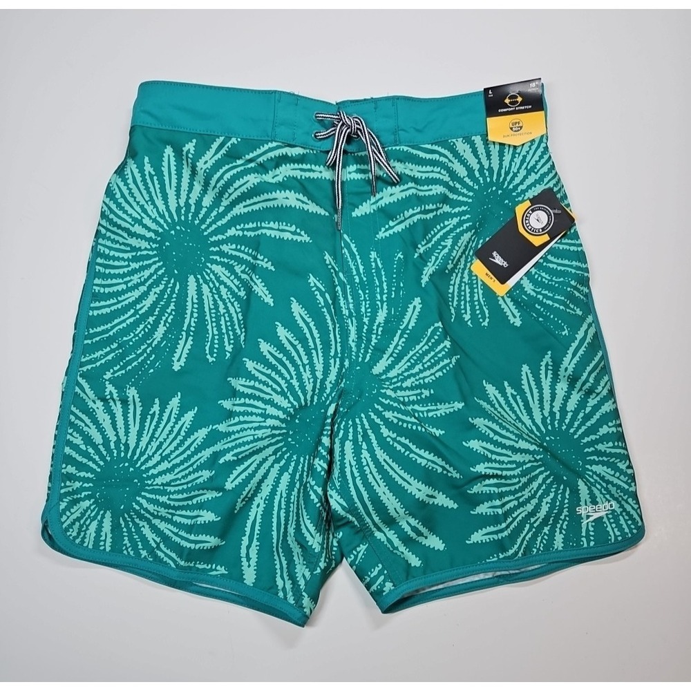 Speedo Mens UPF‎ 50 Swim Trunks Green Tropical Print Size Large NWT